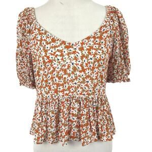 Patrons of Peace Top Blouse Boho Hippie Floral Short Sleeve Women Orange Large